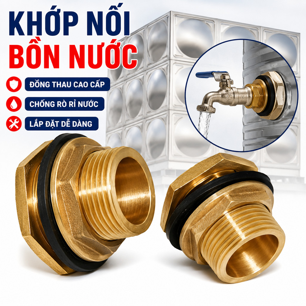 Khớp Nối Bồn Nước Đồng Thau Ren Ngoài Phi 21 Phi 27 Phi 34 Ốc Ép Bồn Nước Chống Rò Rỉ Bền Chắc
