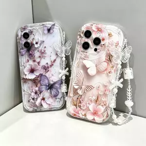 Sang Trọng Màu Hồng Tím Bướm Hoa Dành Cho IPhone 16 17 15 Pro Max 17 Air 17 Pro 16e 16plus 15 + Ốp Lưng Mềm Có Dây Xích Kem Silicon Vồng Cạnh
