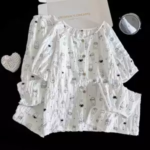 Bộ ba món đồ ngủ Áo ngủ nữ tay ngắn, quần đùi, quần dài và áo cardigan cổ tròn; bộ đồ mặc nhà cho nữ
