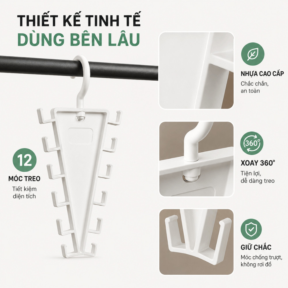 Móc Treo Quần Áo 12 Móc Đa Năng HOMIE,Giá Treo Phụ Kiện Xoay 360 Tiết Kiệm Không Gian,Chịu Lực Tốt