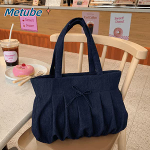 Túi Tote mua sắm METUBE, Túi đeo vai nơ xếp ly bằng vải Canvas, Túi xách học sinh màu trơn dung tích lớn có thể gập lại thời trang