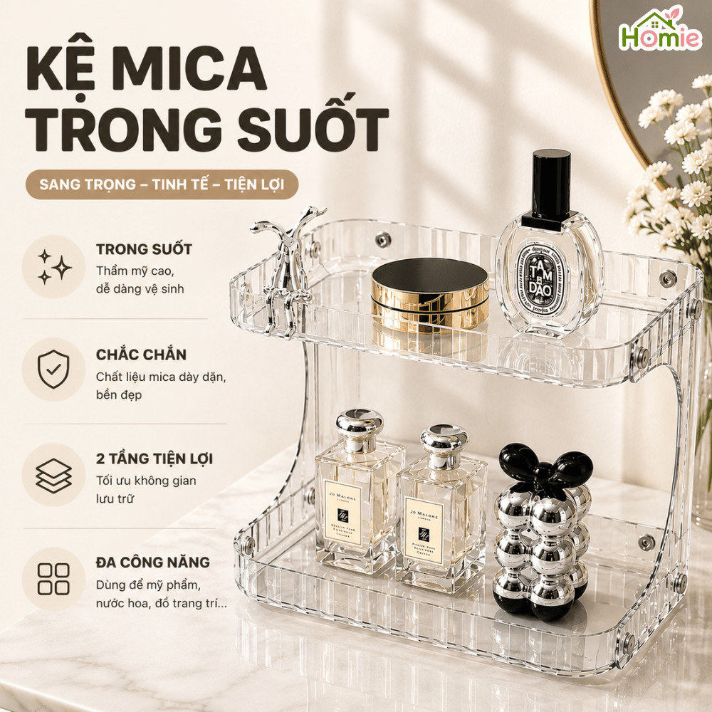 Kệ Đựng Mỹ Phẩm 2 Tầng Nhựa Mica Trong Suốt HOMIE, Kệ Để Đồ Nhà Tắm Để Bàn Trang Điểm Sang Trọng