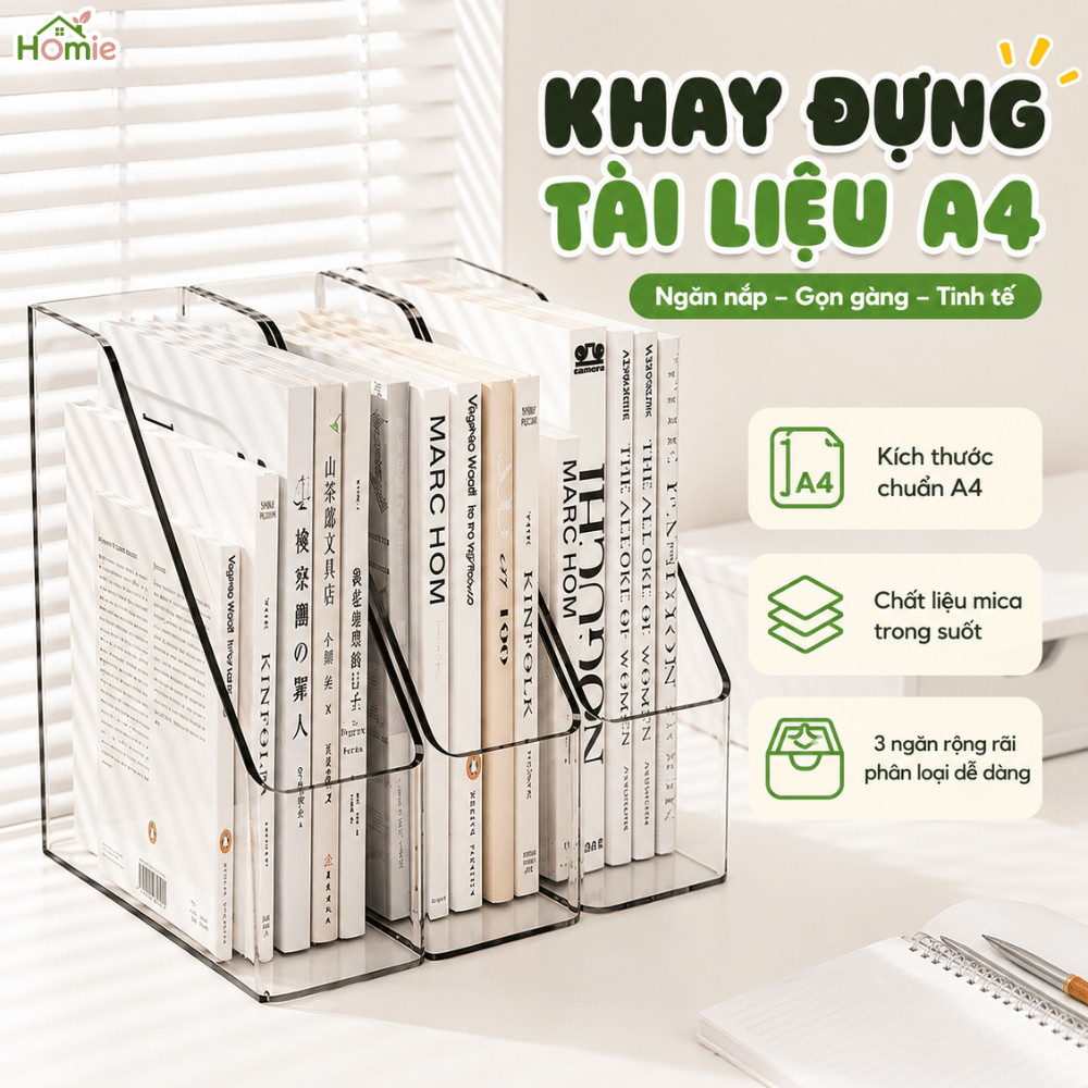 Khay Đựng Tài Liệu A4 Trong Suốt Để Bàn HOMIE, Kệ Đựng Sách Vở Gọn Gàng Bằng Nhựa Acrylic Cứng Cáp