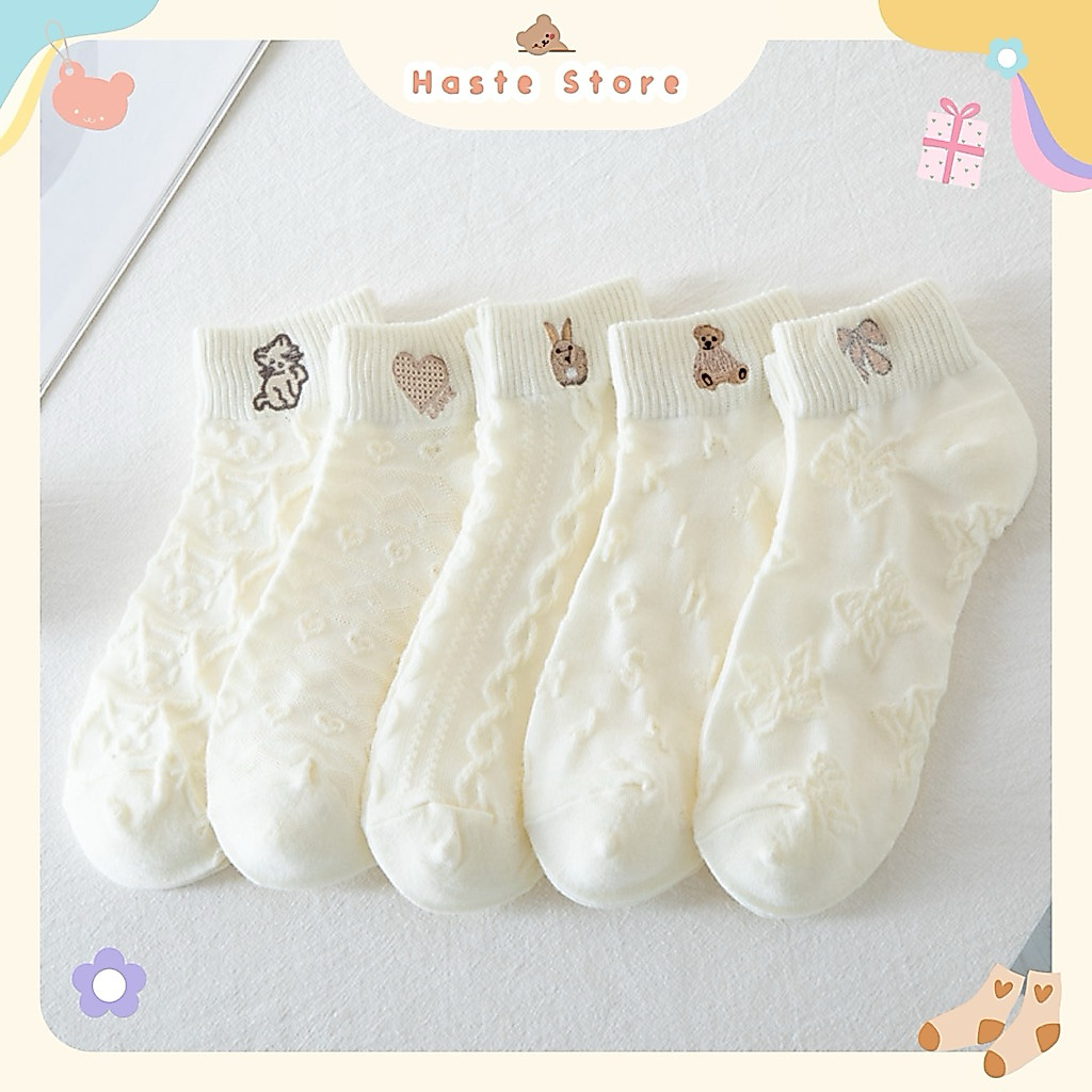 Tất Vớ Cổ Lửng Trơn Kem Hình Thêu Mini Thỏ Mèo Hoạ Tiết Dập Nổi Chất Cotton Co Giãn Thoáng Mát Quà Tặng