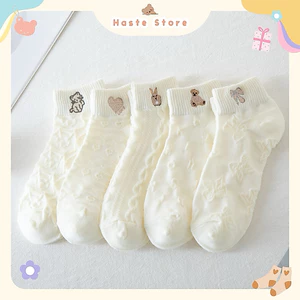 Tất Vớ Cổ Lửng Trơn Kem Hình Thêu Mini Thỏ Mèo Hoạ Tiết Dập Nổi Chất Cotton Co Giãn Thoáng Mát Quà Tặng