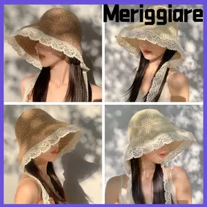 Mũ Rơm MERIGGIARE, Mũ Ren Viền Chống Nắng Vành Lớn, Chất Lượng Cao Có Thể Gập Lại UV Bảo Vệ UPF 50 + Mũ Chống Nắng Nữ Bé Gái