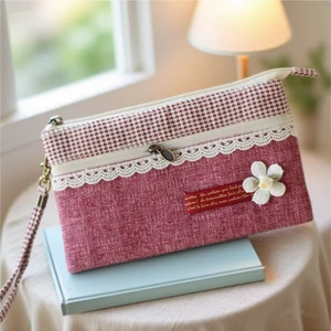 Mới Nữ Vải Lanh Cotton Dây Kéo Đôi Nhiều Lớp Lưu Trữ Ly Hợp Dung Tích Lớn Ly Hợp Điện Thoại Di Động Đổi Thẻ Túi Nhỏ Di Động