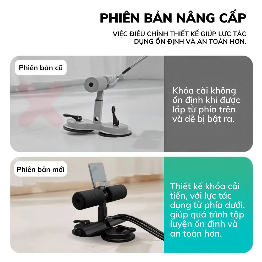 HuyDangSport Dụng cụ tập cơ bụng nâng cấp 2 đế, trụ T kèm dây kéo hút chân không tại nhà DC003