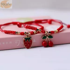 NKSFX Dây màu đỏ dễ thương, Vòng tay dâu tây dệt tay bằng kim loại Ins Wind, Bề mặt mịn màng DIY đẹp Trái cây ngọt ngào Pendan