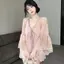 Áo sơ mi voan hoa hồng dành cho nữ mùa hè cổ chữ v cao cấp đính cườm Áo sơ mi tay áo Trumpet đẹp độc đáo