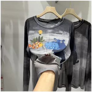 Milyfashion Size Lớn Tie-Dye Cat In Gạc Áo Thun Dài Tay Mùa Hè Phong Cách Mới Rời Top W2CX