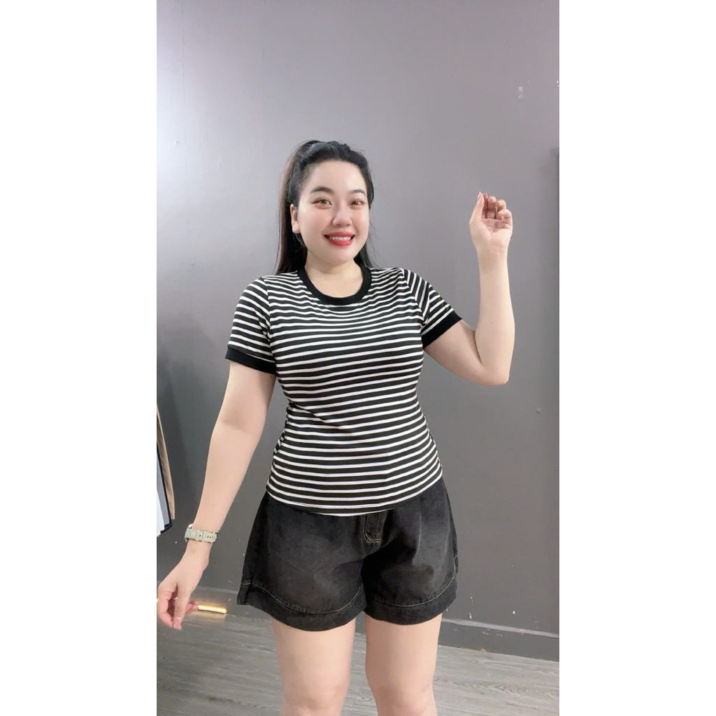 Áo Thun Bigsize Nữ Kẻ Ngang BIGSIZE CÔ NHỎ Tay Ngắn –  Co Giãn Thoải Mái Cho Nàng Tự Tin A285