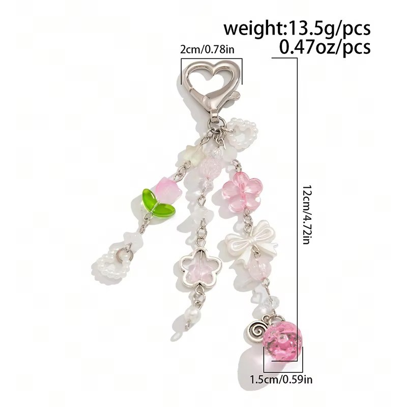 Giả Ngọc Trai Nơ Trái Tim Mặt Dây Chuyền Túi Mặt Dây Chuyền Màu Hồng Dâu Rỗng Hoa Tulip Đính Hạt Móc Khóa Phụ Kiện