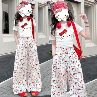 Bộ đồ bé gái Hello Kitty 2 món - Áo thun tay ngắn + quần ống rộng dễ thương