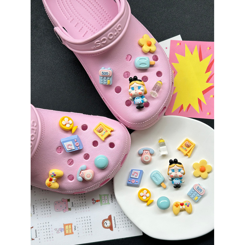 POP MART Phụ kiện khóa hoa cho Crocs cao cấp, màu xanh, có thể tháo rời, phù hợp giày lỗ