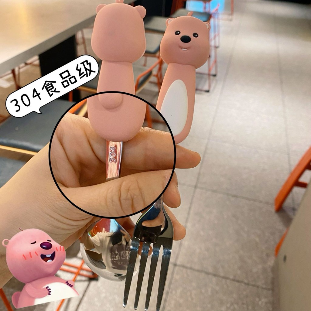 Little Beaver Hoạt Hình Thìa Inox Nĩa Gói Chống bỏng Ngoài Trời Tích Hợp Di Động Thìa Nĩa Bộ Đồ Ăn 25.9.12