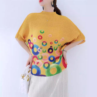 Miyake Áo Thun Nữ Xếp Ly Xuân Hè, Co Dãn, Thiết Kế In Hình