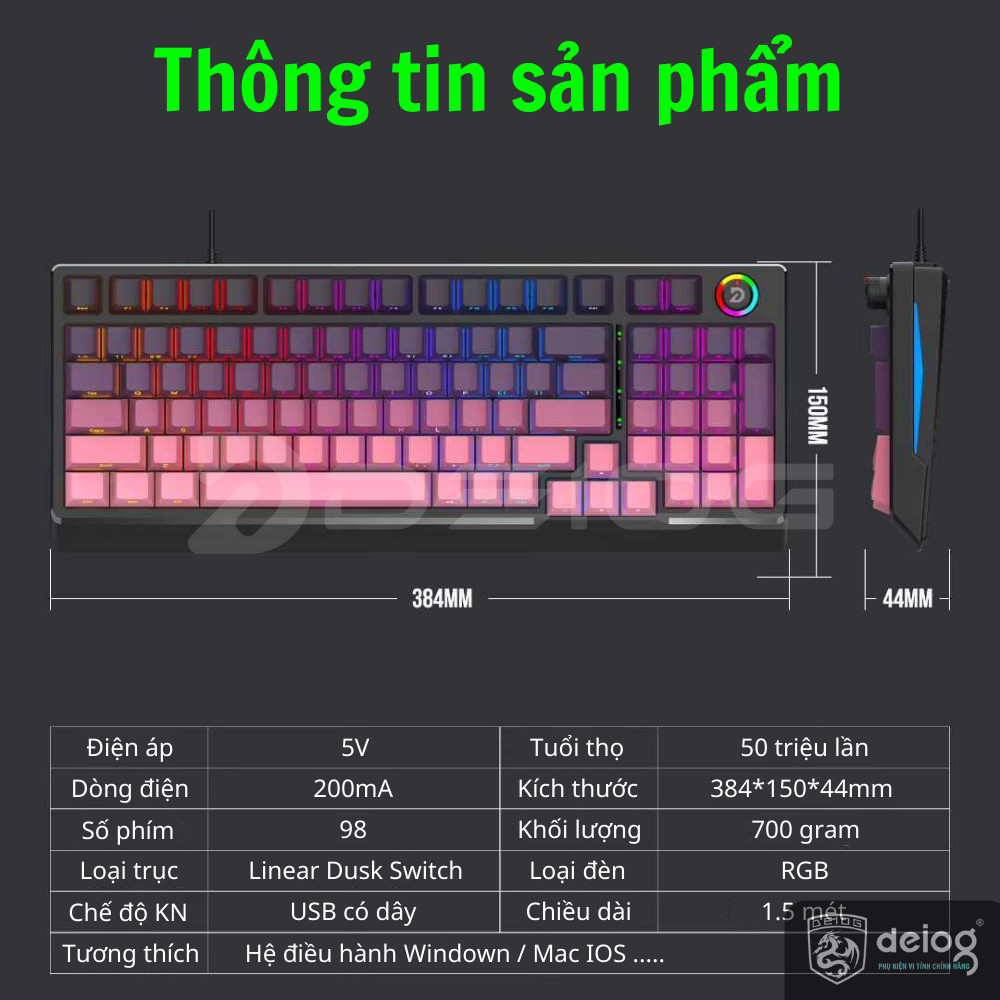 Bàn Phím Cơ Chính Hãng Deiog AK98 Gaming Keyboard 98 Phím Led RGB Liner Switch Núm Xoay Hot Swap