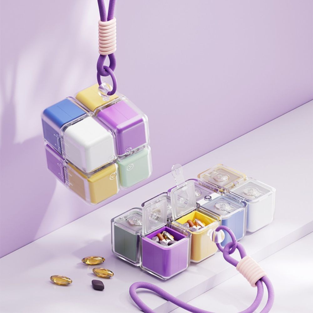 Hộp Chia Thuốc 7 Ngày Hình Magic Cube, Hộp Đựng Thuốc Viên Có Móc Treo Tiện Lợi Mang Theo