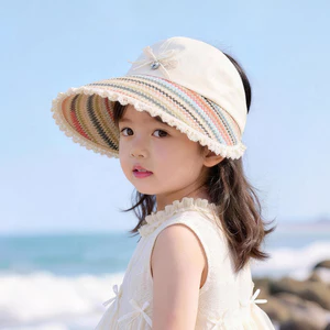 Phiên Bản Hàn Quốc Mũ Chống Nắng Trẻ Em Mùa Hè Vành Lớn Rơm Mũ Chống Nắng Bé Gái Có Thể Buộc Đuôi Ngựa Mũ Chống Nắng