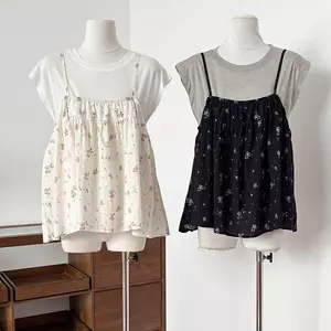 Áo thun ngắn tay có dây đeo hoa Bộ đồ hai mảnh dành cho nữ Mùa hè dáng rộng dáng rộng hơn trông nhỏ Bộ đồ xếp lớp phong cách nhẹ nhàng