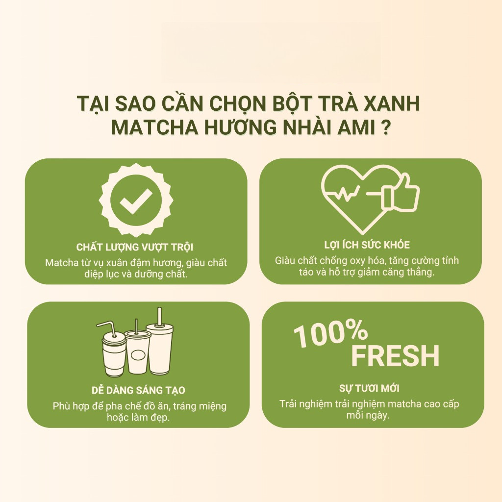 Bột Trà Xanh Matcha Ami Vụ Xuân - Gói 100g Nguyên Chất, Thơm Ngon, Đậm Vị