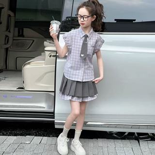 Bộ váy học viện bé gái mùa hè - Áo sơ mi caro tay ngắn phối chân váy xếp ly thời trang