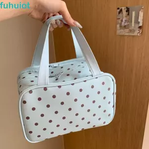 Túi trang điểm cầm tay FUHUIOT, Túi đựng mỹ phẩm Pu phân vùng ba lớp chấm bi, Túi đựng đồ vệ sinh đa chức năng chống nước thời trang Unisex