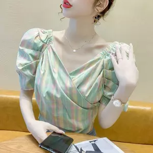 Áo sơ mi kẻ sọc ngắn tay kiểu Pháp mùa hè Phong cách mới Thiết kế thích hợp Sense Áo ngắn tay phồng một vai