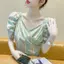 Áo sơ mi kẻ sọc ngắn tay kiểu Pháp mùa hè Phong cách mới Thiết kế thích hợp Sense Áo ngắn tay phồng một vai