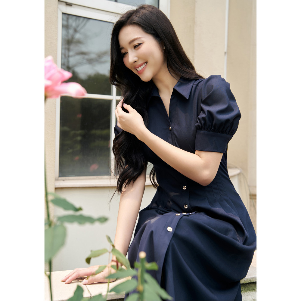 Đầm công sở nữ ELLA DORA thiết kế cổ sơ mi dáng dài trẻ trung hiện đại màu XANH NAVY [D230]
