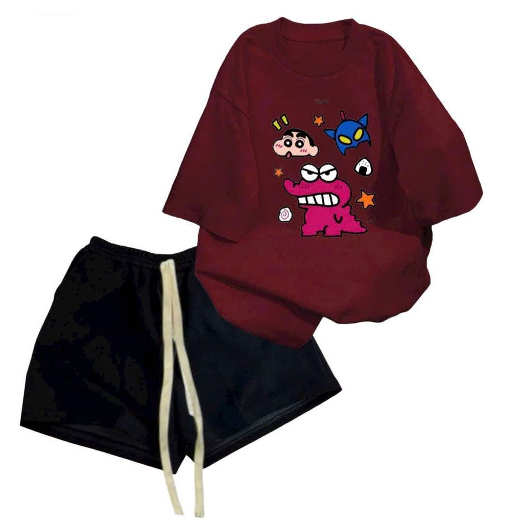 Bộ quần ĐÙI cộc màu đen dây to, ,+ mix phông form rộng hình mèo student-unisex94