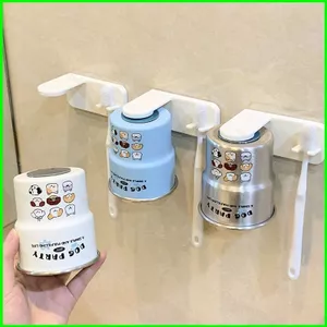 Cốc nước súc miệng bằng thép không gỉ in hình chó hoạt hình YB2 có giá đỡ bàn chải đánh răng gắn tường tự dính