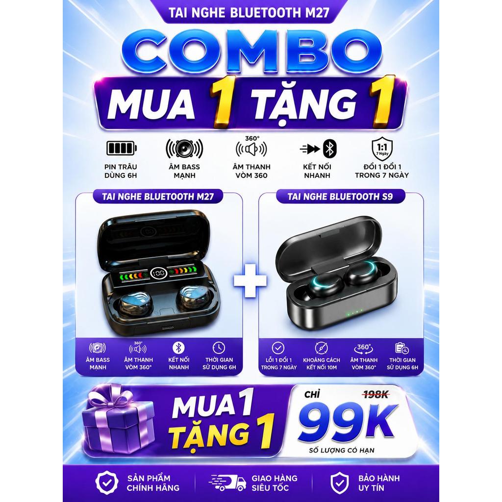 ( Mua 1 Tặng 1 )- Combo Tai Nghe Bluetooth M27 + S9 Không Dây - Bass Mạnh, Pin Trâu, Âm Thanh 360°