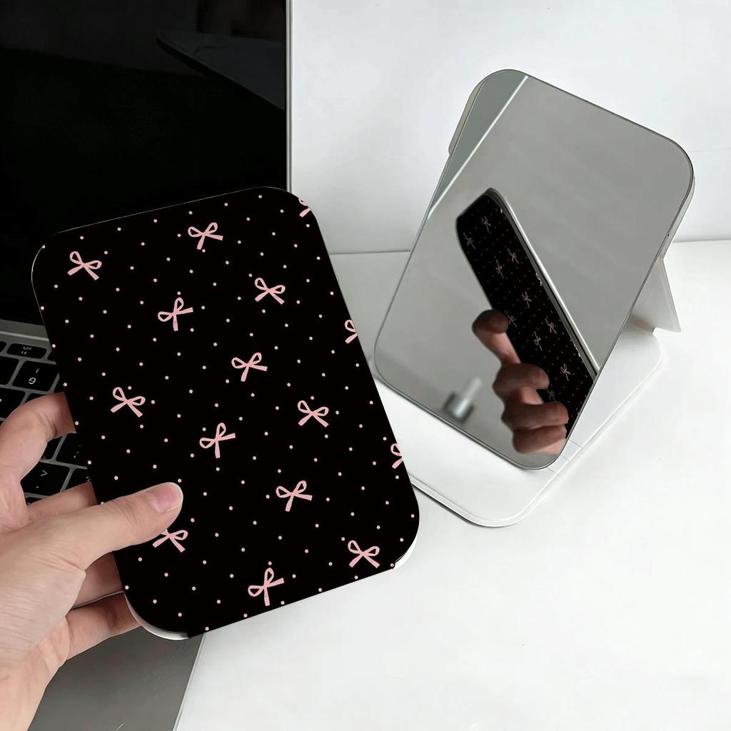 Gương gấp mini họa tiết nơ hồng nền đen gương makeup nữ cá tính