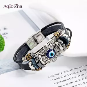 AqToCna Luy Eye Thổ Nhĩ Kỳ Ác Mắt Vòng Tay Punk Nhiều Lớp Da Handmade Vòng Tay AqToCna