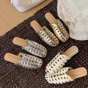 TT Mùa Hè Rỗng Dệt Mules Nữ Dép Chống Trơn Trượt Dép Da Thật Thường Ngày