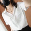 Áo sơ mi nữ tay ngắn màu vàng nguyên khối dành cho nữ Áo sơ mi dáng rộng