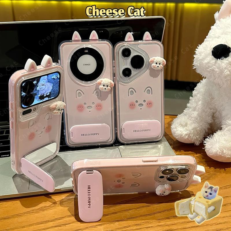 Ốp điện thoại tai chó con 3D dễ thương dành cho iPhone 13 14 15 Plus 16 12 11 17 Pro Max Ốp lưng kèm gương trang điểm