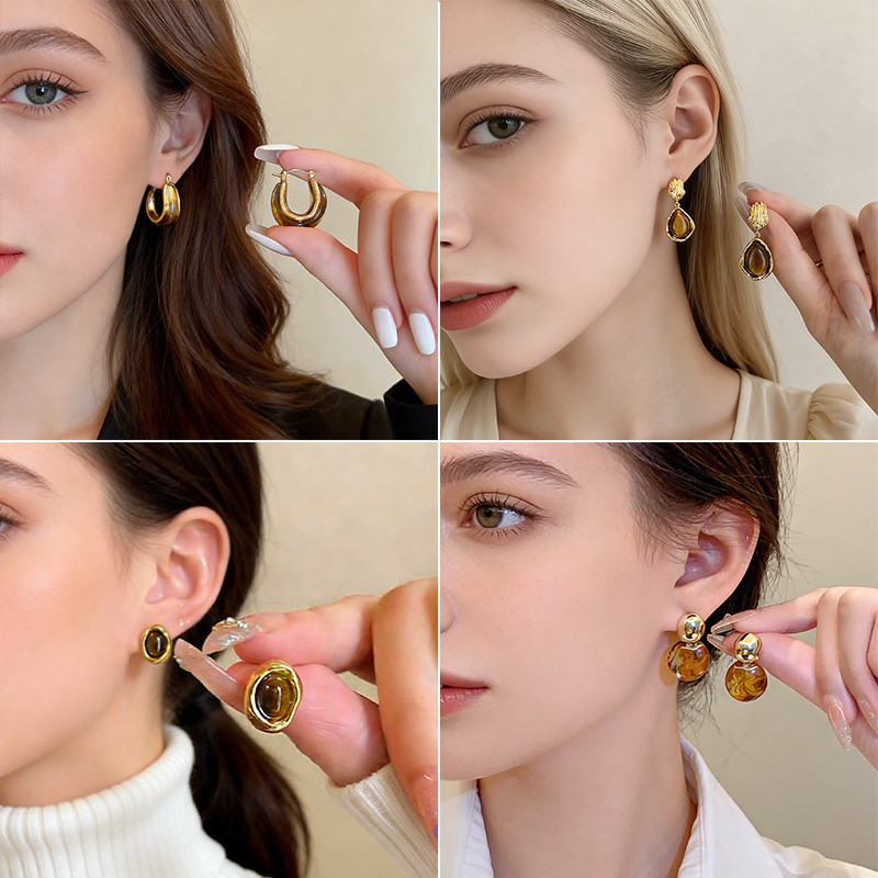 Bông tai màu cà phê cao cấp Retro 2026 Bông tai nhựa không đều Niche độc đáo Nữ