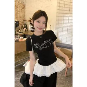 Ngọt Nơ Thắt Nơ Nóng Kim Cương Giả Ren Đen Áo Thun Nữ Mùa Hè Phong Cách Mới Slim-Fit Slimmer