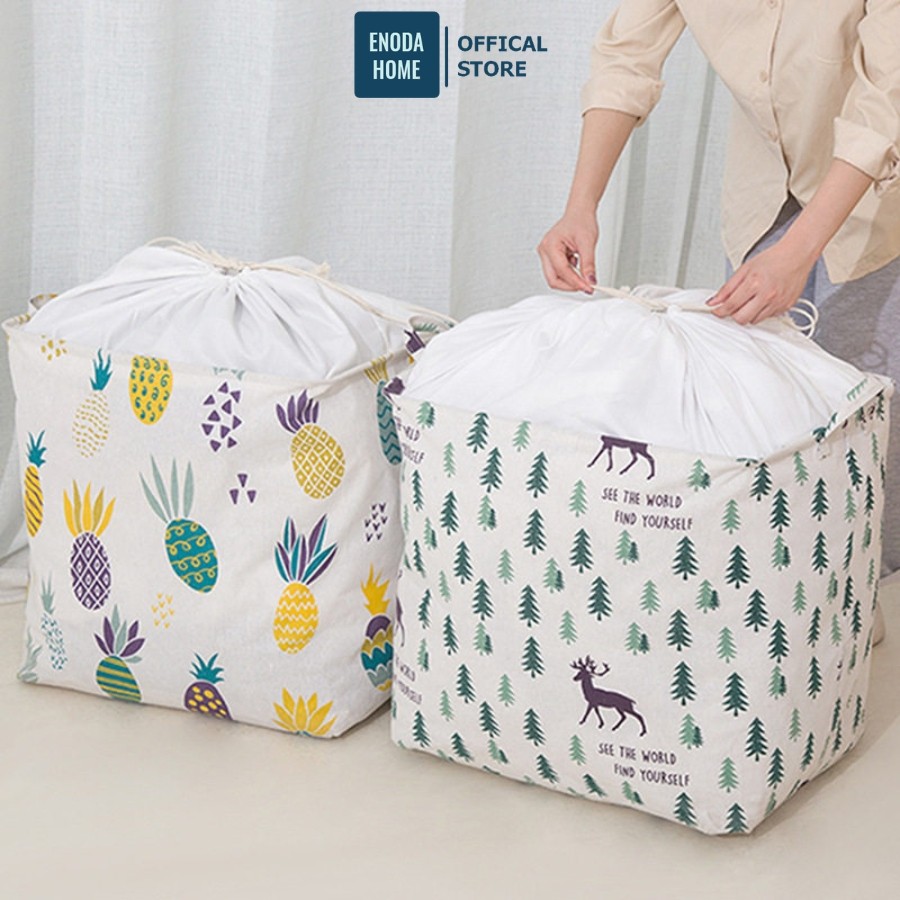 Giỏ Vải Đựng Quần Áo Cỡ Lớn ENODA HOME, Túi Vải Gấp Gọn Đựng Chăn Màn Có Dây Rút Chống Bụi Chống Ẩm TV001