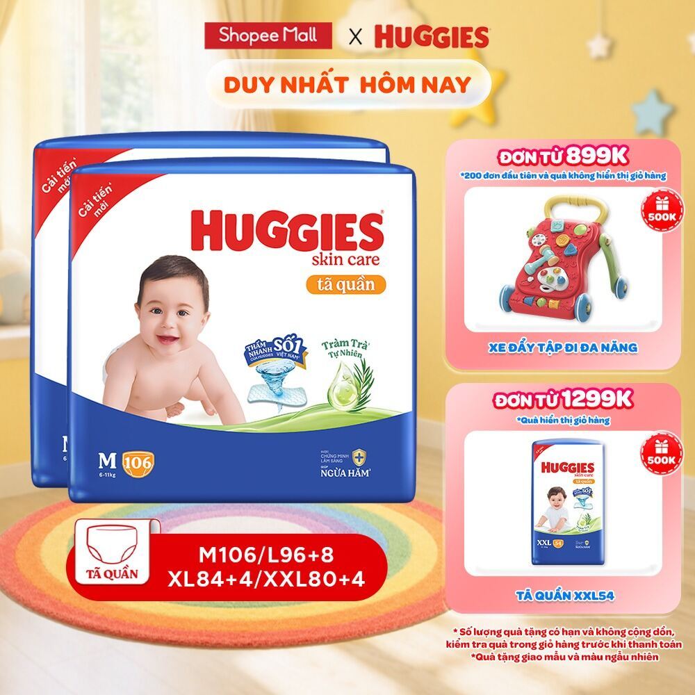 Combo 2 Tã quần Huggies Skincare Mega Jumbo M106/L96+8/XL84+4 với tràm trà dịu da