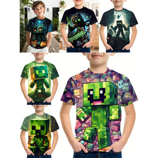 Mine-13 Tuổi Mine-craft Creeper Vuông Trẻ Em Áo Thun Tay Ngắn 3-13 Tuổi Bé Trai Trò Chơi Dark Swordsman Quái Vật Full In Thoáng Khí Nửa Tay Giữa