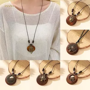 PNPIA- Retro Lá Gỗ Cú Dài Áo Len Dây Xích Dân Tộc Tròn Nelace Nữ Clo Mặt Dây Chuyền Nữ Trang Sức Ne Phụ Kiện Quà Tặng Cổ Áo