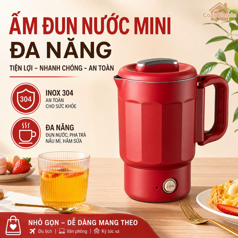ấm siêu tốc mini ấm đun điện đa năng inox 304 gọn nhẹ du lịch phòng trọ văn phòng 0 8l