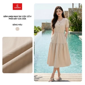 Đầm maxi nữ CARDINA chất liệu linen tay cộc cổ V phối dây cúc dừa 6VXM05