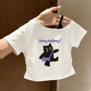 Áo thun bé gái in hình mèo dễ thương mùa hè - áo croptop lệch vai ôm dáng tôn eo thời trang