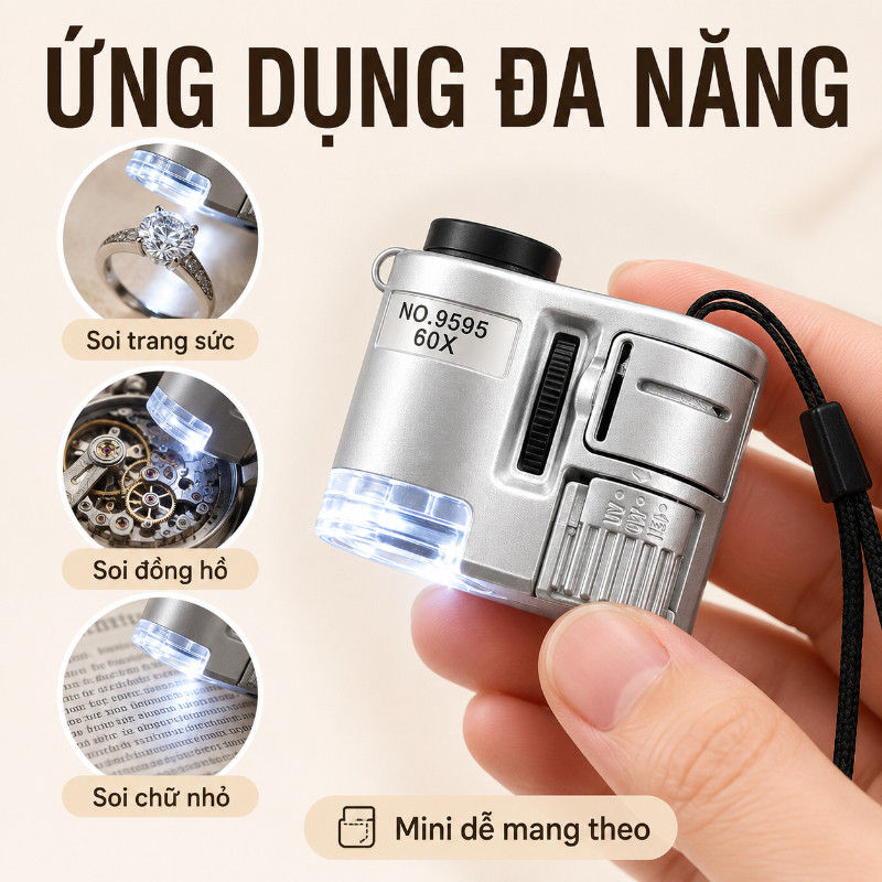 Kính Lúp Mini Cầm Tay 60X Màu Bạc Có Đèn LED Và UV Nhỏ Gọn Dễ Mang Soi Chi Tiết Trang Sức Đồng Hồ
