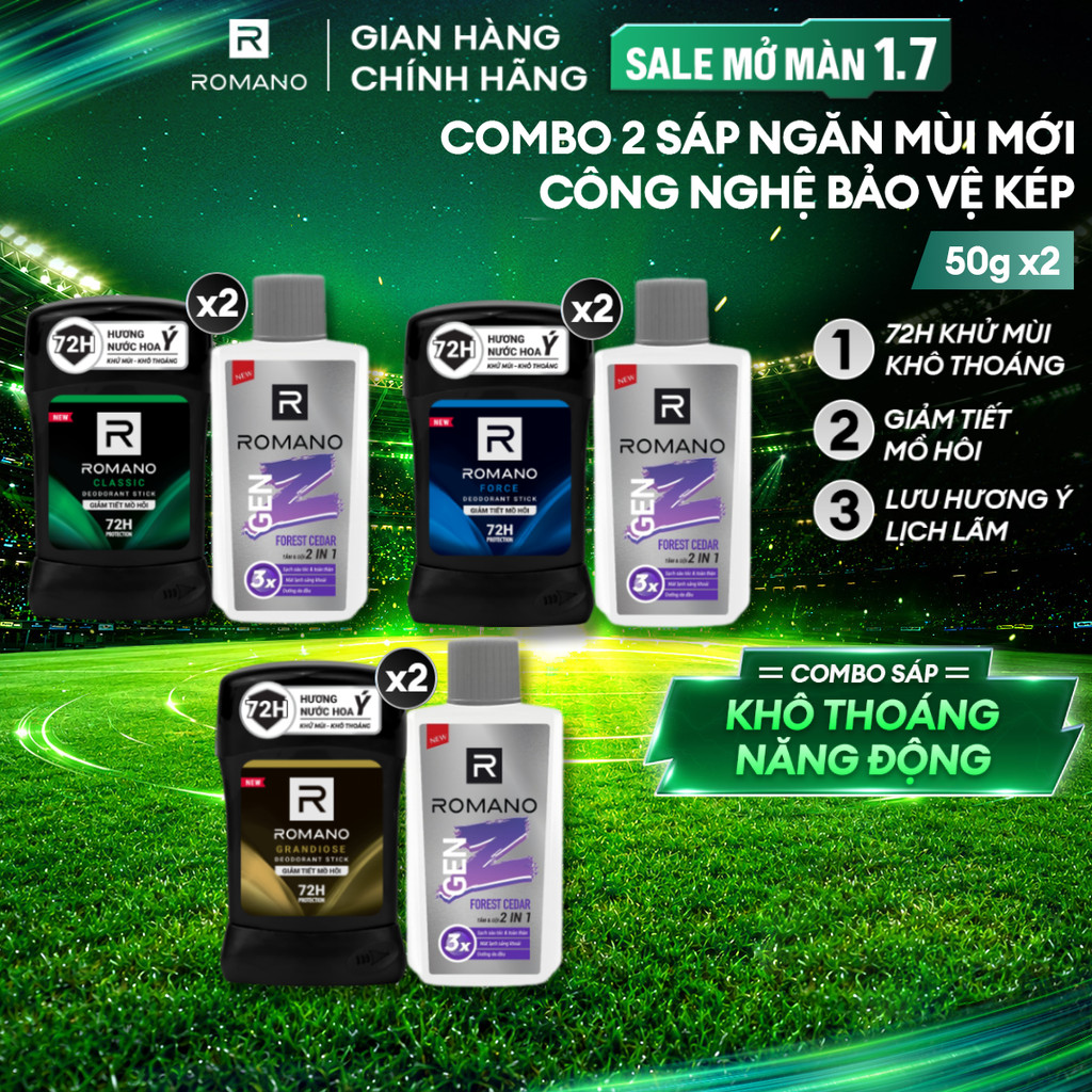 Combo 2 Sáp ngăn mùi cho nam Romano 50g - Khử mùi 72H, lưu hương Ý dài lâu